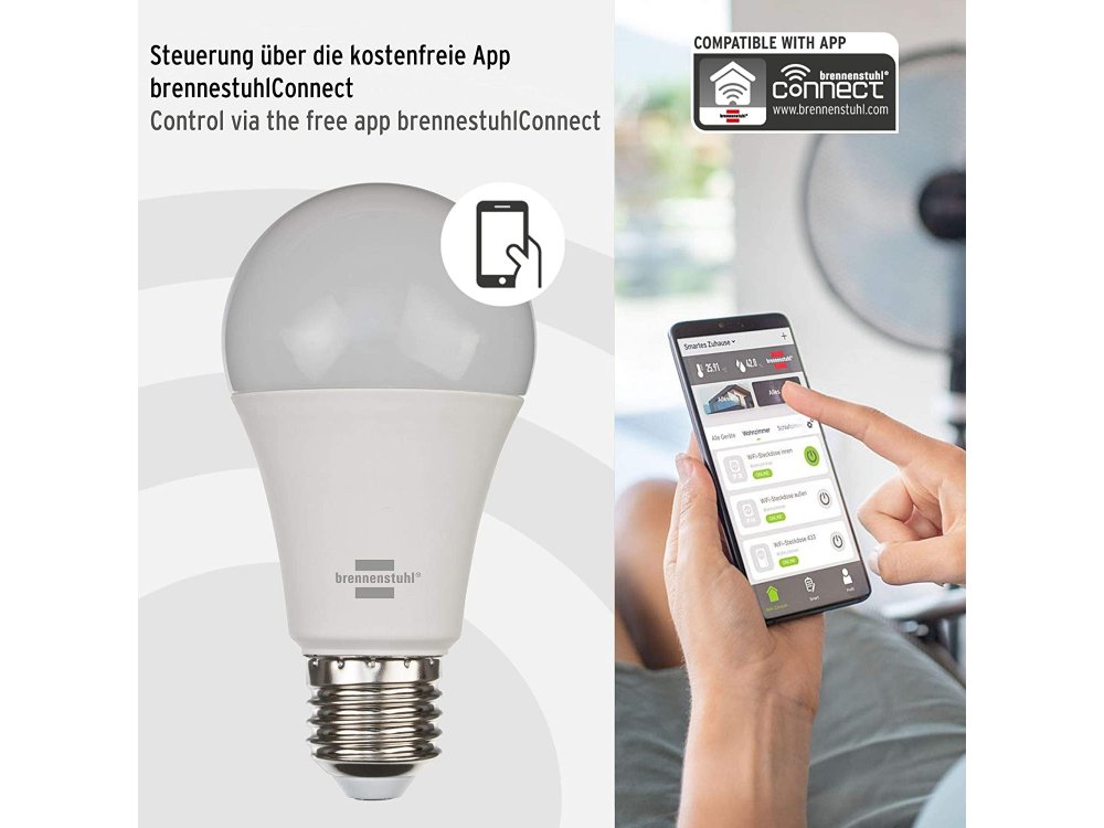 Brennenstuhl Connect Smart WiFi LED lamp, White & RGB 9W E27 (No Hub needed), 800 lm