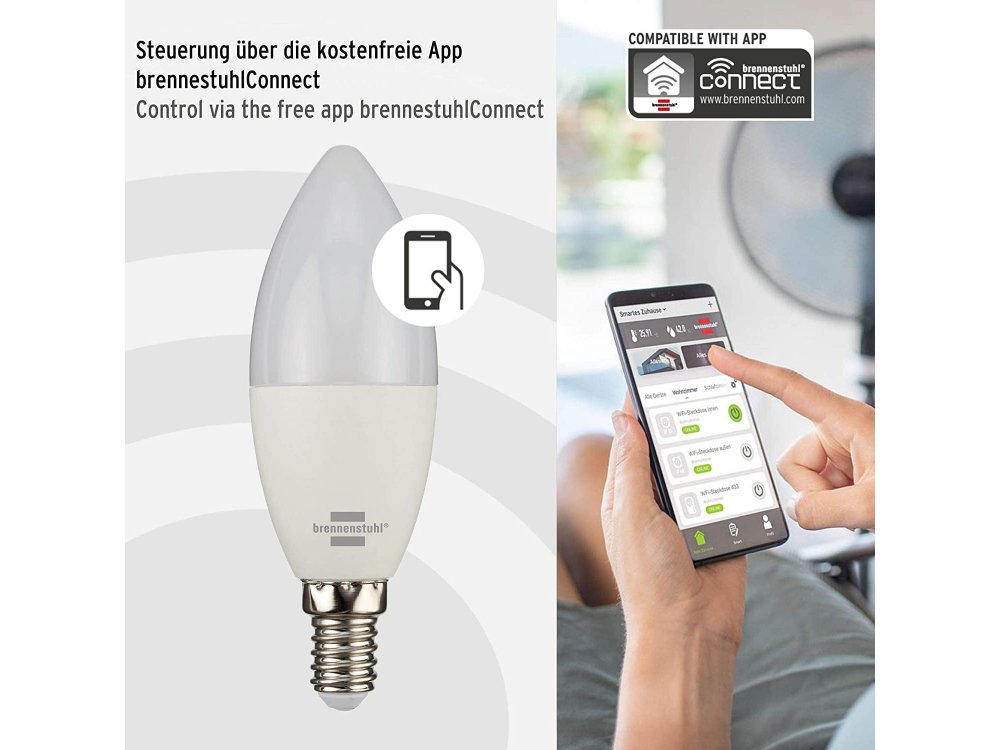 Brennenstuhl Connect Έξυπνη λάμπα LED WiFi, Λευκή & RGB 5W E14 (Δε χρειάζεται Hub), 400 lm
