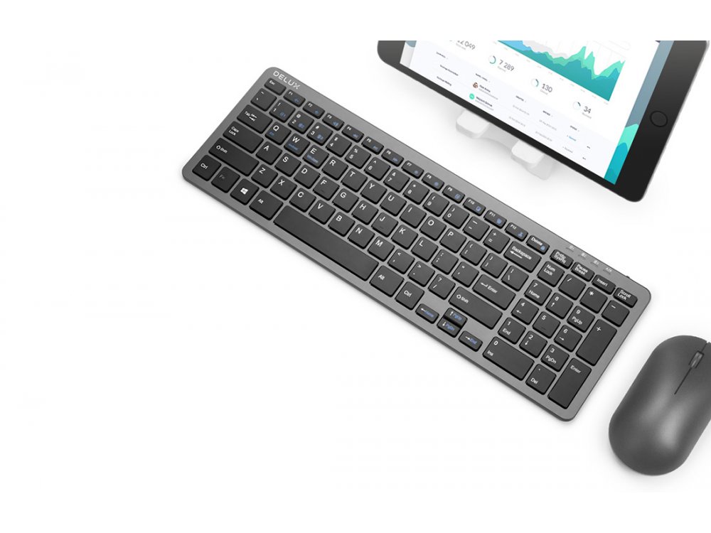Delux K2203D Low Profile Bluetooth Multi-Device Keyboard, Dual mode Bluetooth / 2.4GHz, Black
