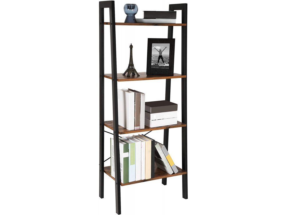 VASAGLE Ladder Shelf, Βιβλιοθήκη Δαπέδου, 4 Ραφιών με Ατσάλινο Σκελετό και Καφέ Επιφάνεια σε Ρουστίκ Στυλ 56x34x138cm - LLS44X