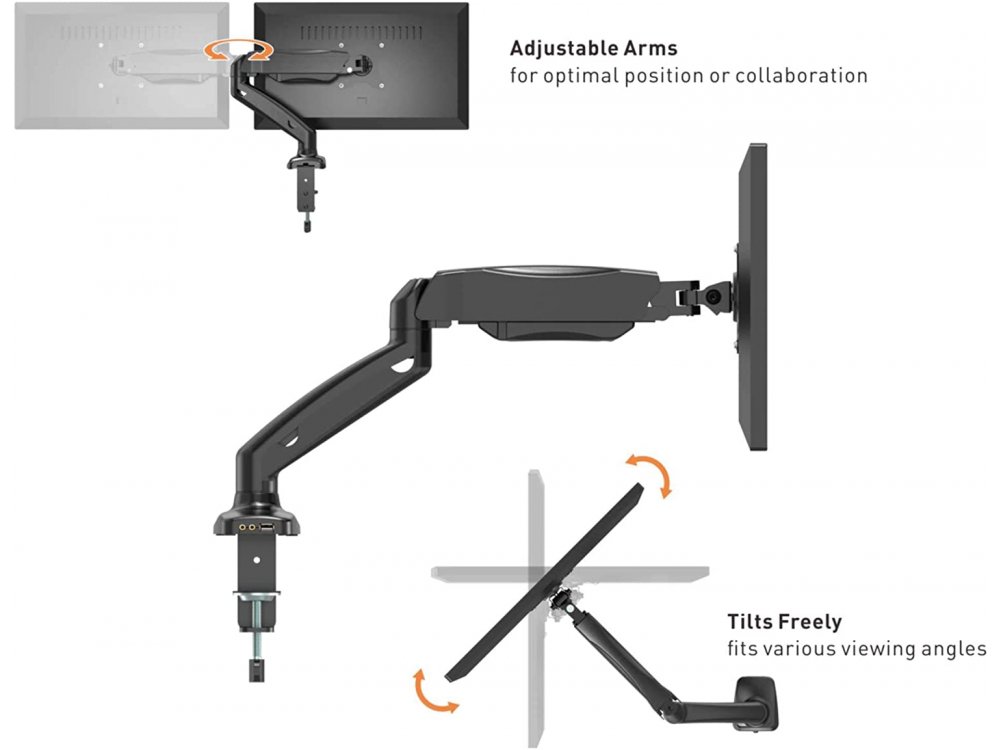 VonHaus Single Arm Desk Mount with Clamp, Full Motion Screen Stand 17 ”-32”, Gas Spring up to 9kg, with USB Hub - 05/118