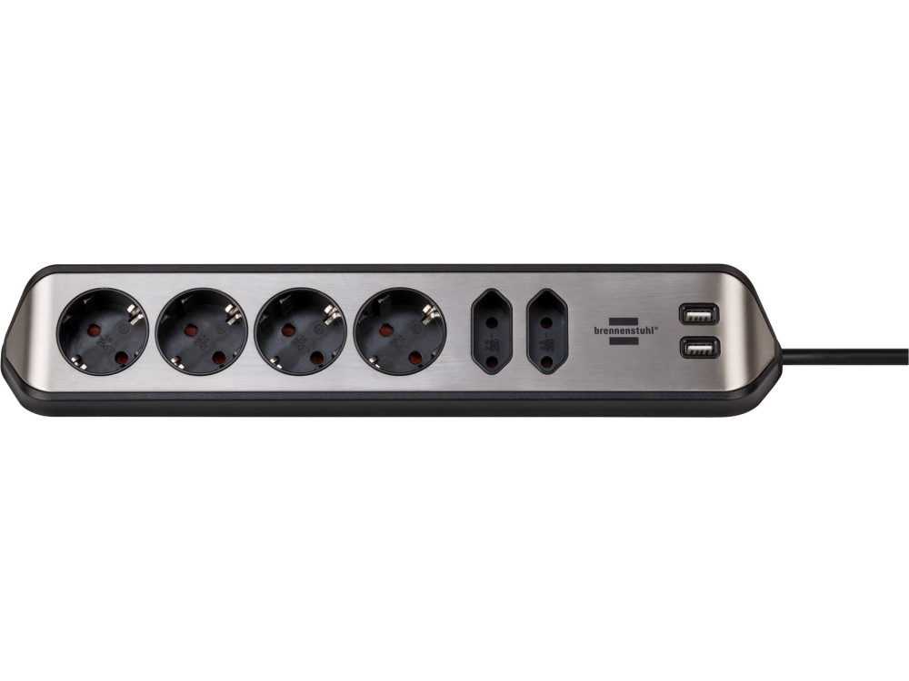 Brennenstuhl Estilo 6-outlet Corner Extension socket, Πολύπριζο Corner με 2*USB Charging Ports, 2M Καλώδιο, Inox Silver / Black