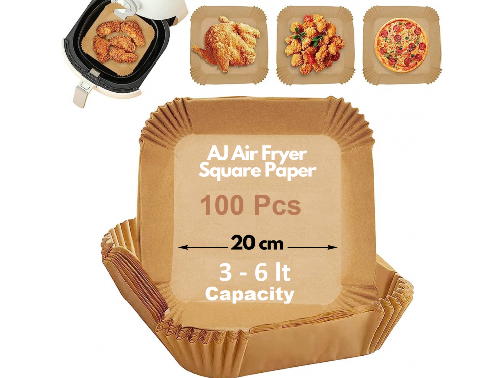 AJ Air Fryer Disposable Paper Liner Square, Αντικολλητικά χαρτιά ψησίματος για Air Fryer 20cm Τετράγωνα, Σετ των 100τμχ