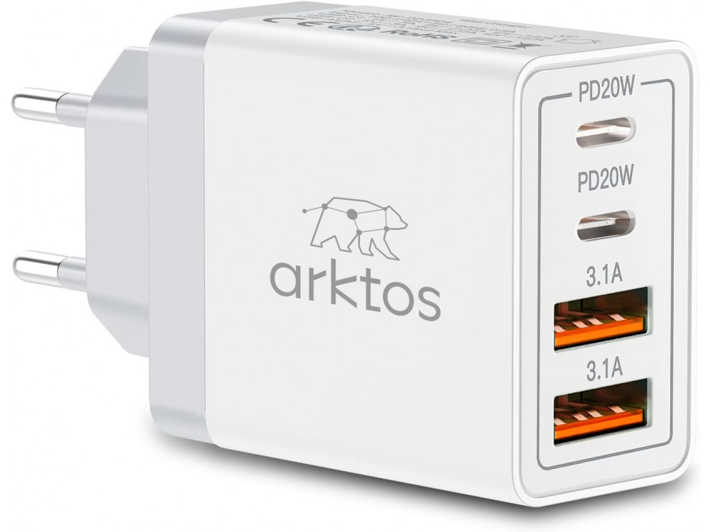 Arktos HyperCharge Quattro 55W, 4-Port 55W Wall Charger with Power Delivery / QC3.0 & PPS, WhiteArktos HyperCharge Quattro 55W, 4-Port Wall Charger 55W with Power Delivery / QC3.0 & PPS, White