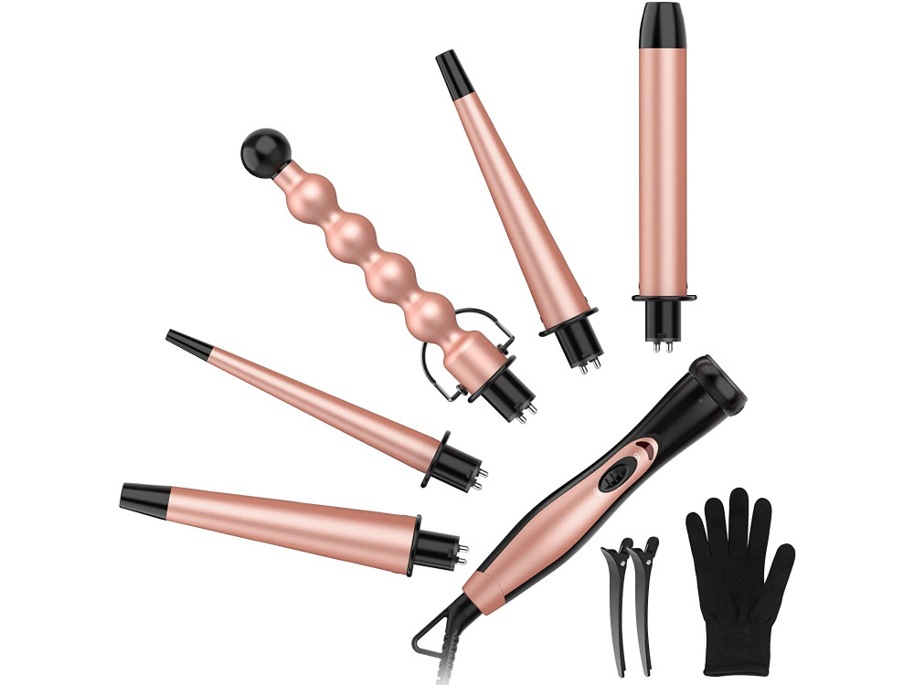 BESTOPE 5 in 1 Curling Iron Wand Set, with LCD & Temperature Control, Includes Glove + 2 Clips