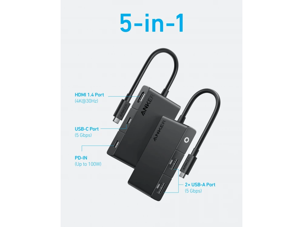 Anker 332 5-in-1 USB-C Hub 85W PD IN + USB-A 3.0 + USB-C 3.0 + 4K HDMI @30Hz, Black