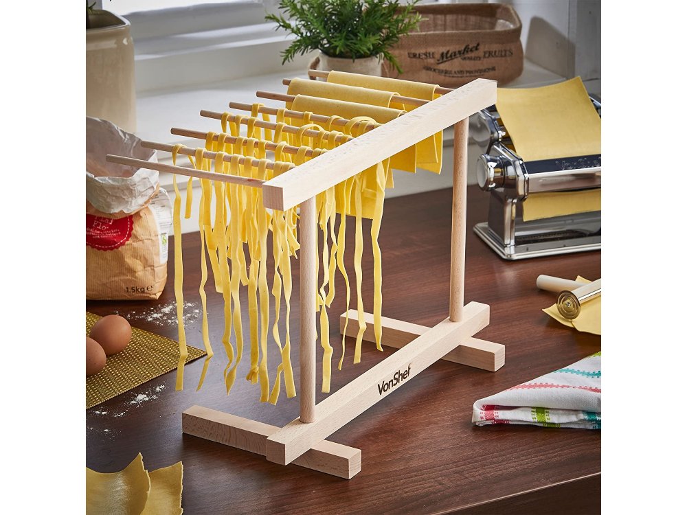 VonShef Pasta Drying Rack – Collapsible Spaghetti, Noodle and Pasta Dryer with 8 Large Arms -Wooden Stand - 1507603