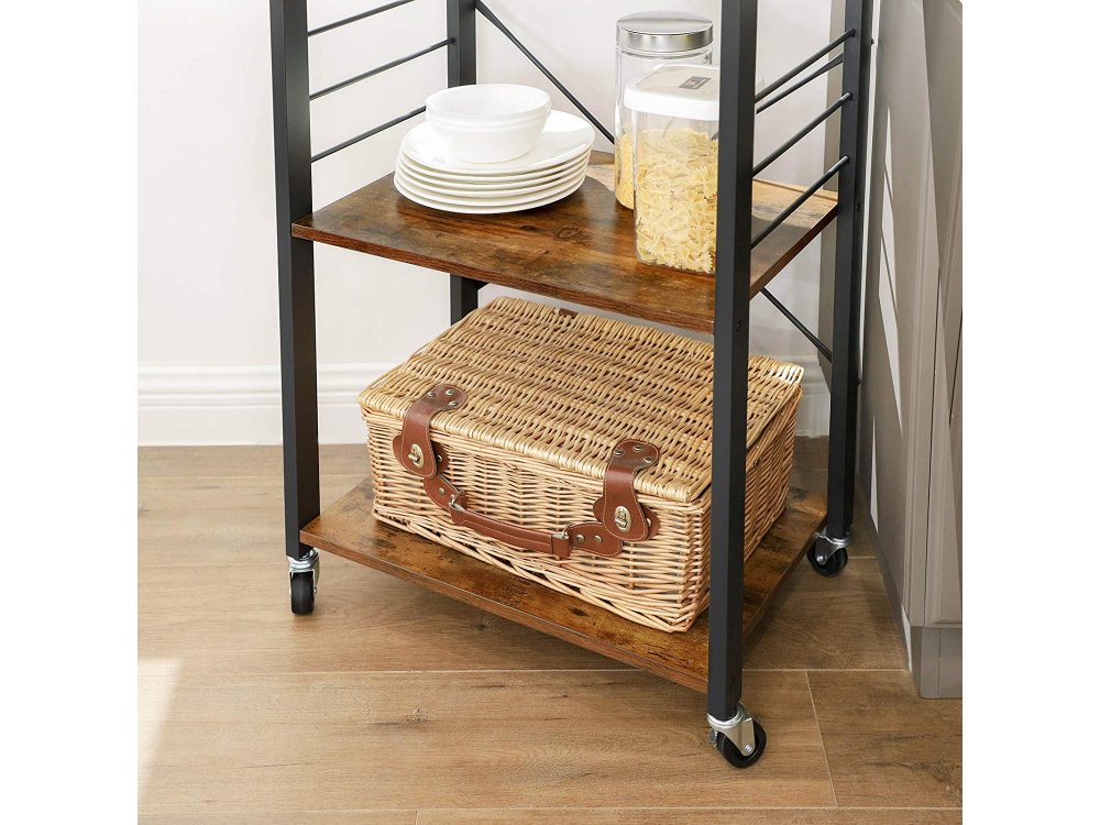 VASAGLE Kitchen Shelf on Wheels, 3-Seater Wooden Kitchen Trolley with Shelves & Brown Surfaces in Rustic Style - KKS60XV1, Black