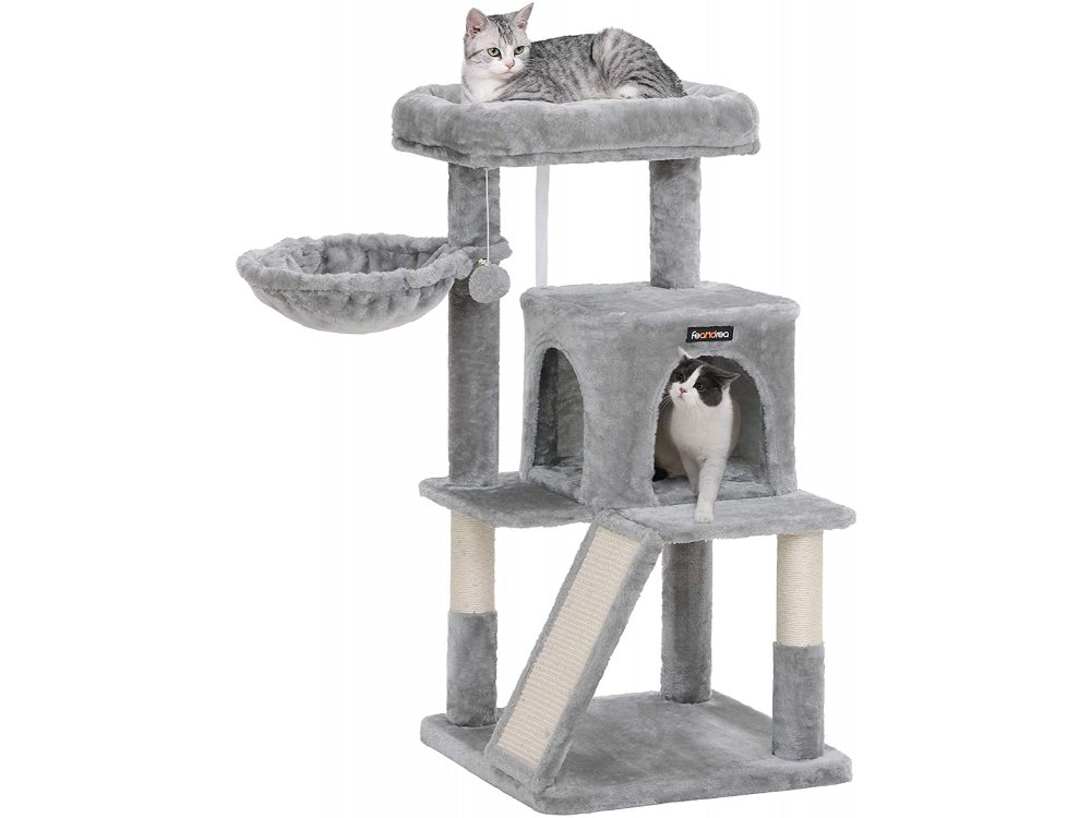 FEANDREA Velvet Nail Track with Pillars, 4 Level Cat Tree with 1 Hide, from Sisal 48x48x96cm - PCT51W, Light Gray