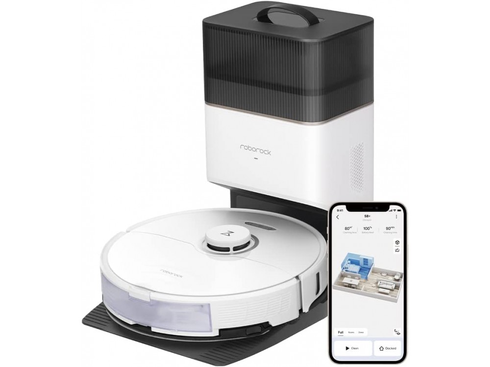 Roborock S8+ Smart Robot Vacuum / Mopping Cleaner Sonic, 6000Pa, Lidar & Auto Emptying, White