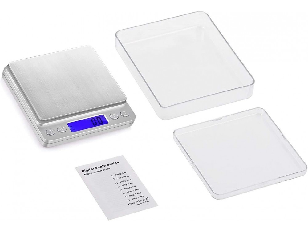 AJ Inox Food Scale, Ψηφιακή Ζυγαριά Κουζίνας 2kg Ακριβείας 0,1gr, LCD Οθόνη & 2 Αποσπώμενα Μπολ, Silver