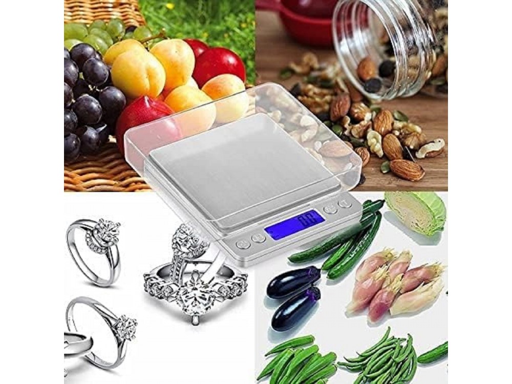 AJ Inox Food Scale, Ψηφιακή Ζυγαριά Κουζίνας 2kg Ακριβείας 0,1gr, LCD Οθόνη & 2 Αποσπώμενα Μπολ, Silver