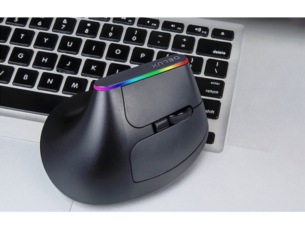 Delux M618DB Wireless Vertical Ergonomic RGB Mouse, 800 / 1200 / 1600 / 2400 / 4000DPI, 6 Πλήκτρων Bluetooth + 2.4GHz, Μαύρο
