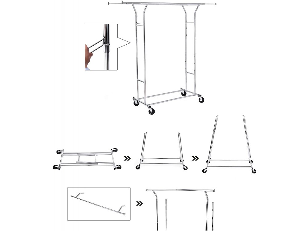 Songmics Heavy Duty Wheeled Floor Hanger, with Extendable Rail and Bottom Shelf 129 x 55 x 148-172cm, Chrome