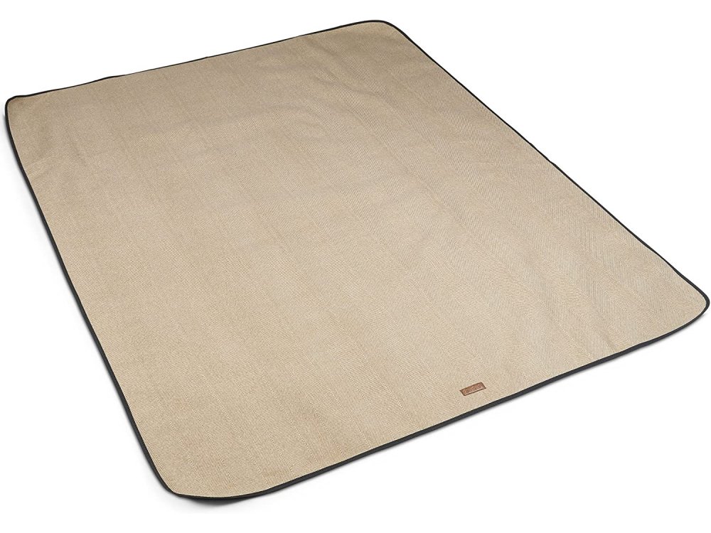 VonShef Picnic Blanket from Waterproof Fabric and Vegan Leather Handle 147x180cm, Beige Herringbone
