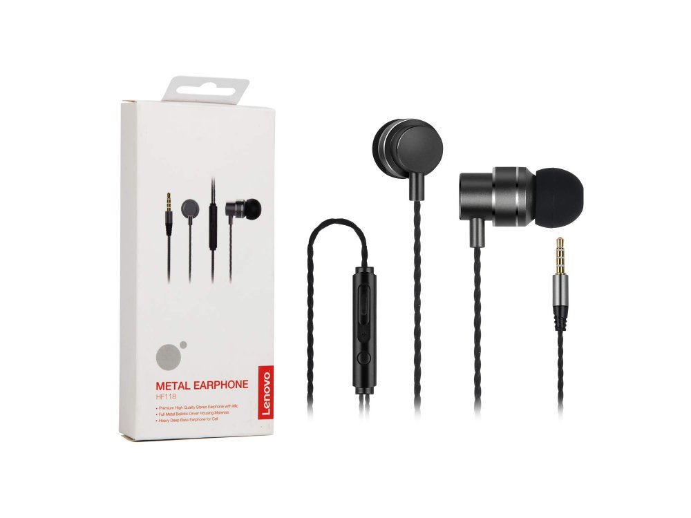 Lenovo HF118 Stereo Earbuds with in-line Microphone, in-ear Hands Free Headphones with Microphone & Power Buttons, Black Metal