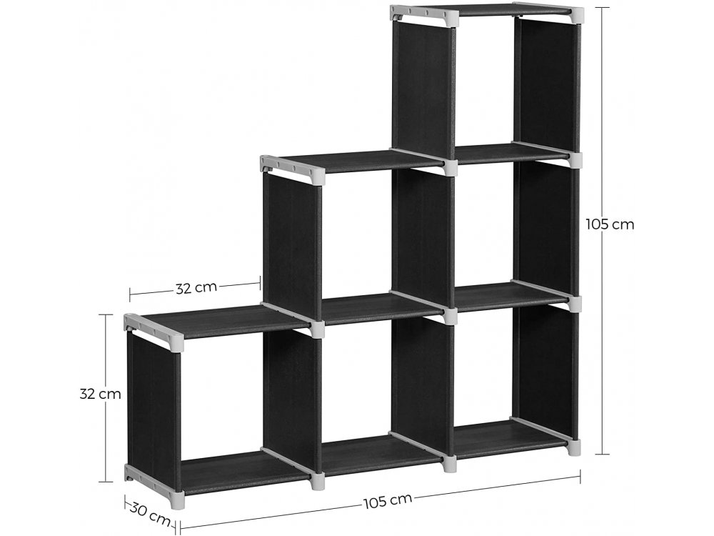 Songmics Shelf with 6 Open Cubes, Fabric Bookcase with 6 Shelves & 3 Boxes Hinged and Shaped 105 x 30 x 105cm, Black