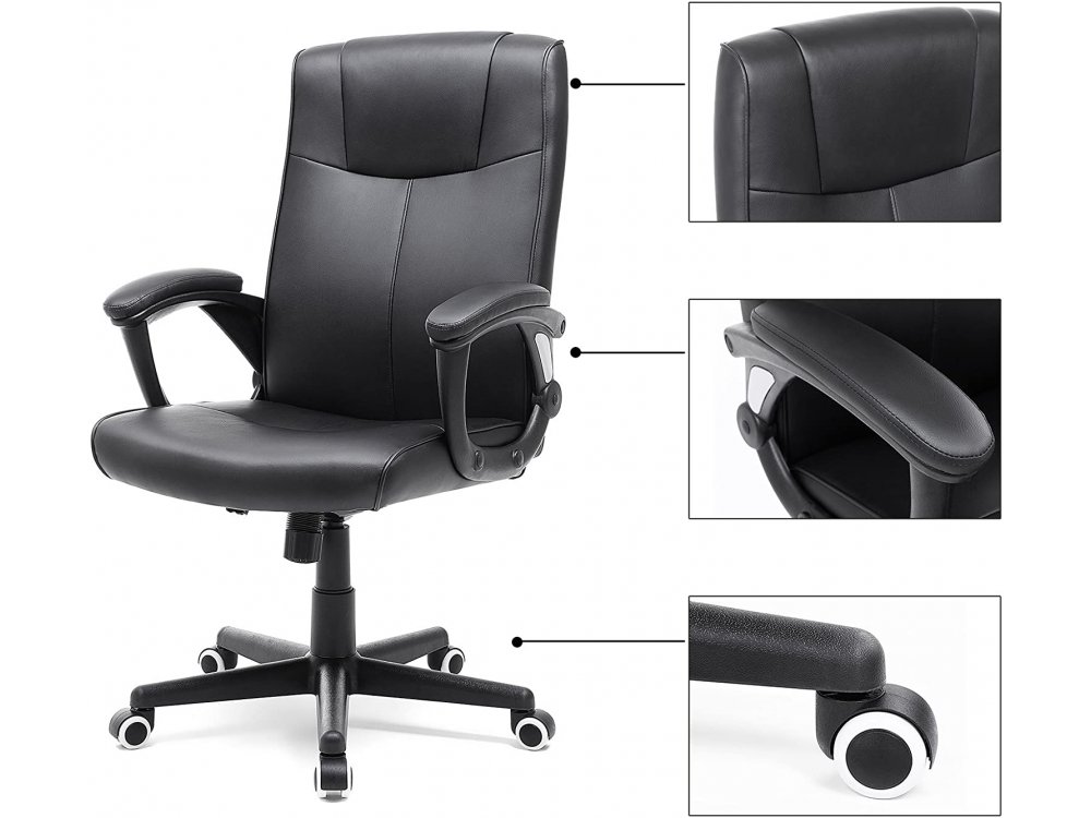 Songmics Modern Office Chair, PU Leather Καρέκλα Γραφείου με Ανάκλιση, Ρυθμιζόμενο Ύψος & Μπράτσα 110 x 66 x 66cm- OBG32B, Black