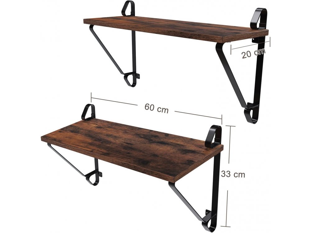 VASAGLE LCR01BX Wall Shelf / Bookcase Set of 2, Floating with Industrial Design 60 x 33 x 20cm in Rustic Style, Brown