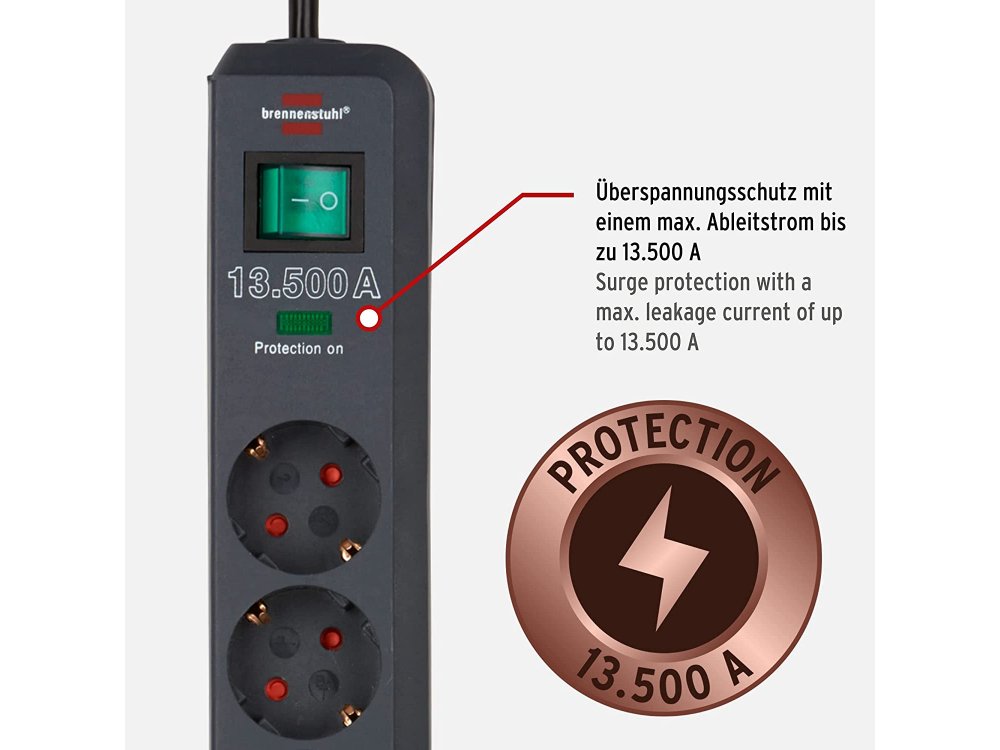 Brennenstuhl Eco 3-outlet Surge Protection Strip, Πολύπριζο & Προστατευτικό τάσης 13.500Α με διακόπτη & 1,5M Καλώδιο, Μαύρο