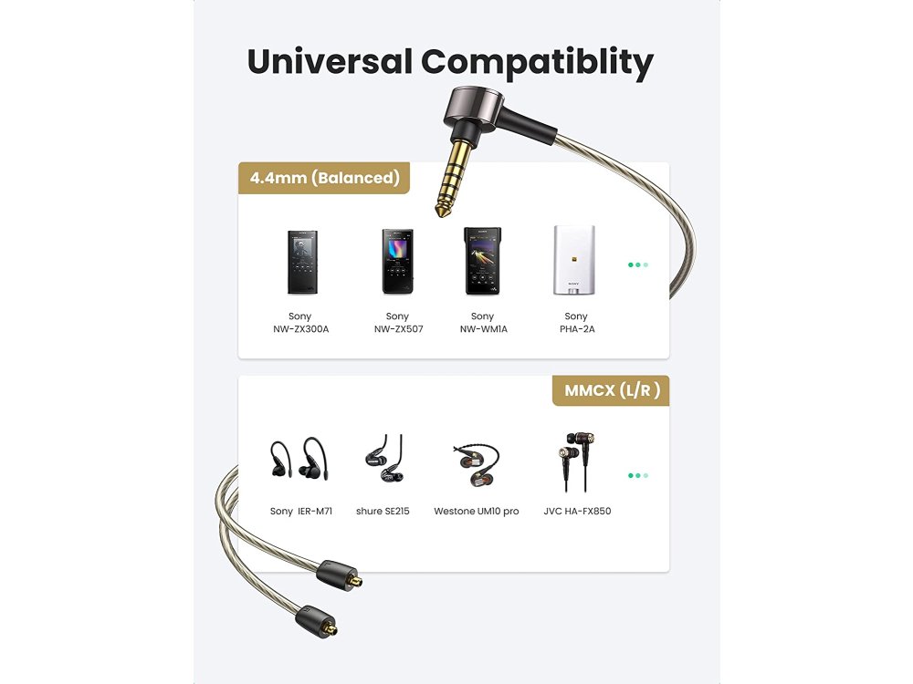 Ugreen MMCX Cable 8 Core 4.4mm to Dual MMCX, Audio Cable 4.4mm in Dual MMCX, 1.2m. with Gold Plated Terminals - 10954