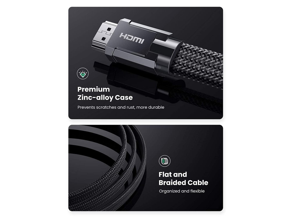 Ugreen HDMI v2.1 8K @ 60Hz, eARC, 48Gbps, HDR, Flat Cable with Nylon Weave, 3m. - 20229