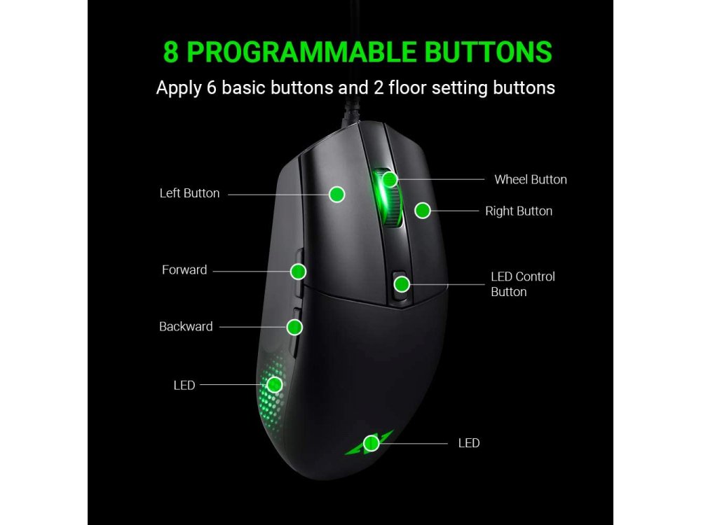 ABKO A660 RGB Optical Programmable Gaming Mouse, 500 - 2,000 DPI, 8 Buttons, Black