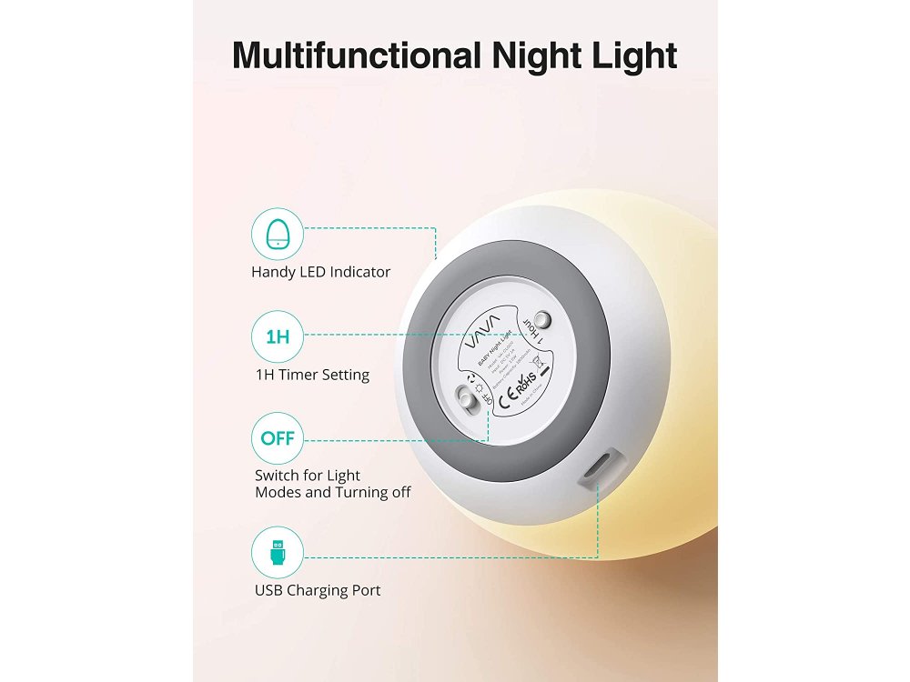 VAVA VA-CL009 Mini RGB Night Light, IP65 Semi-waterproof, with Touch Control and Timer