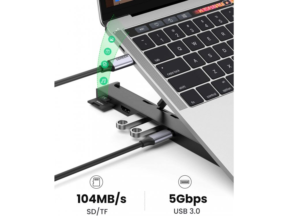 Ugreen Portable Laptop Stand & USB-C Hub 5-in-1 HDMI/4Κ + Card Reader + USB 3.0 Βάση με Ρυθμιζόμενο Ύψος & Αναδιπλούμενη - 80551