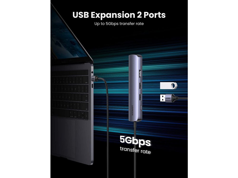 Ugreen 5-1 Aluminum 5-In-1 USB-C Hub 100W with HDMI / 4K * 1 + USB3.0 * 3 + Gigabit LAN Ports - 10919