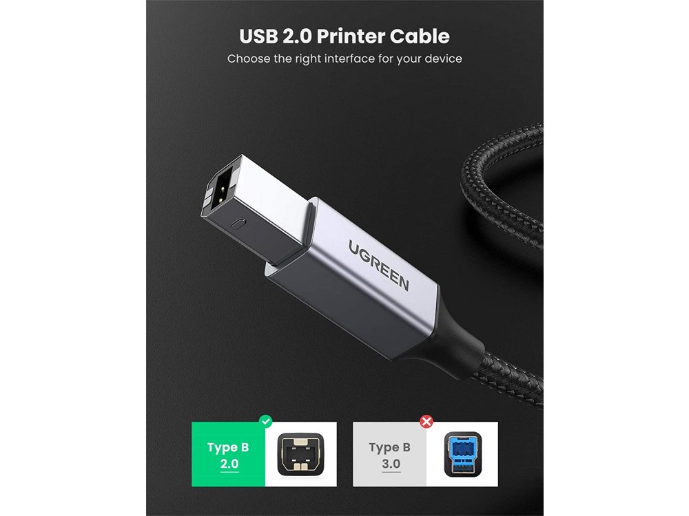 Ugreen USB 2.0 to USB-B Printer / Scanner Cable 1m. with Nylon weave - 80801