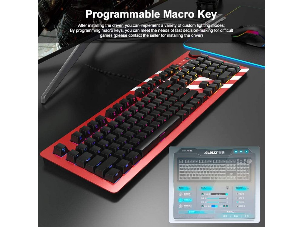 Ajazz AK60 Wired Mechanical RGB Keyboard, Programmable, Silver switches with 6 Media Keys & Aluminum Panel, Red