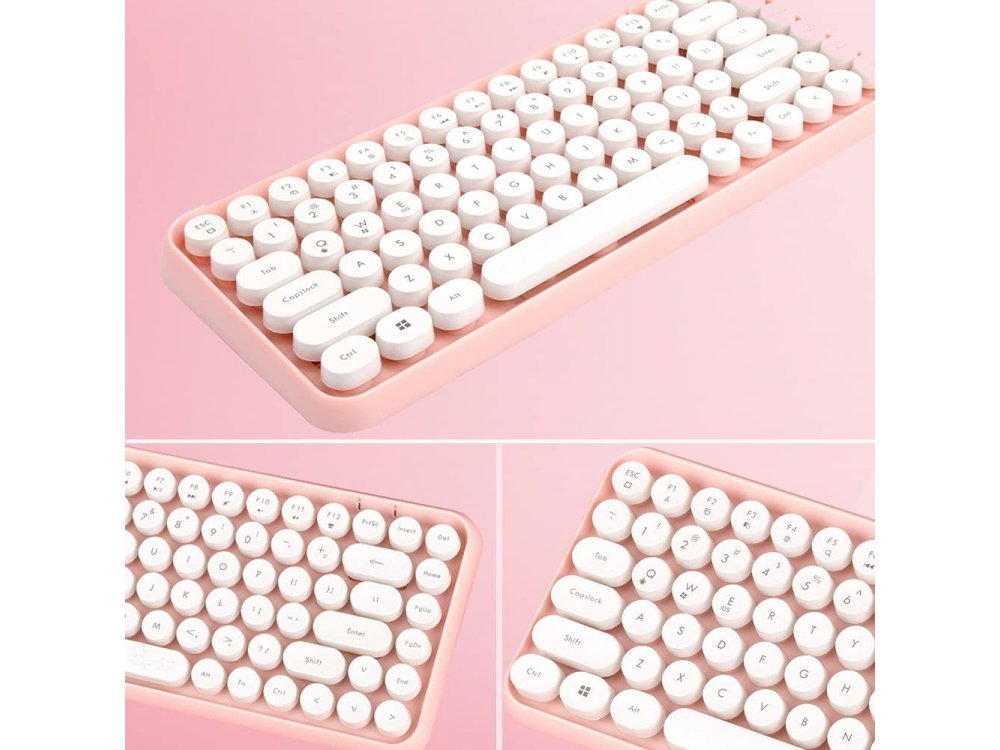 Ajazz 308i Ultra Compact Slim Profile Bluetooth Keyboard Multi-Device, Retro with Round Keys, Pink