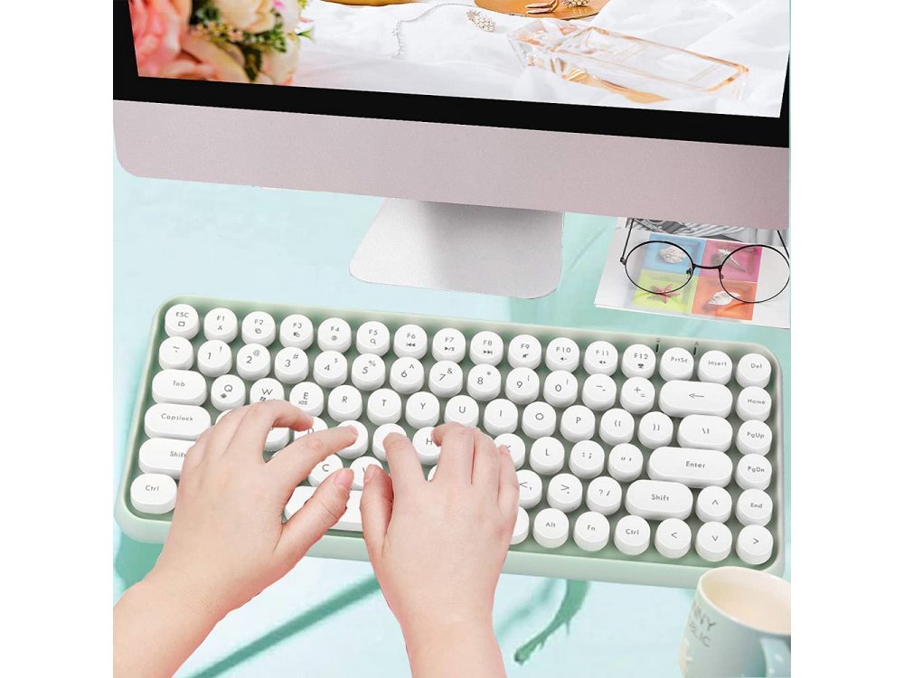 Ajazz 308i Ultra Compact Slim Profile Bluetooth Keyboard Multi-Device, Retro with Round Keys, Mint