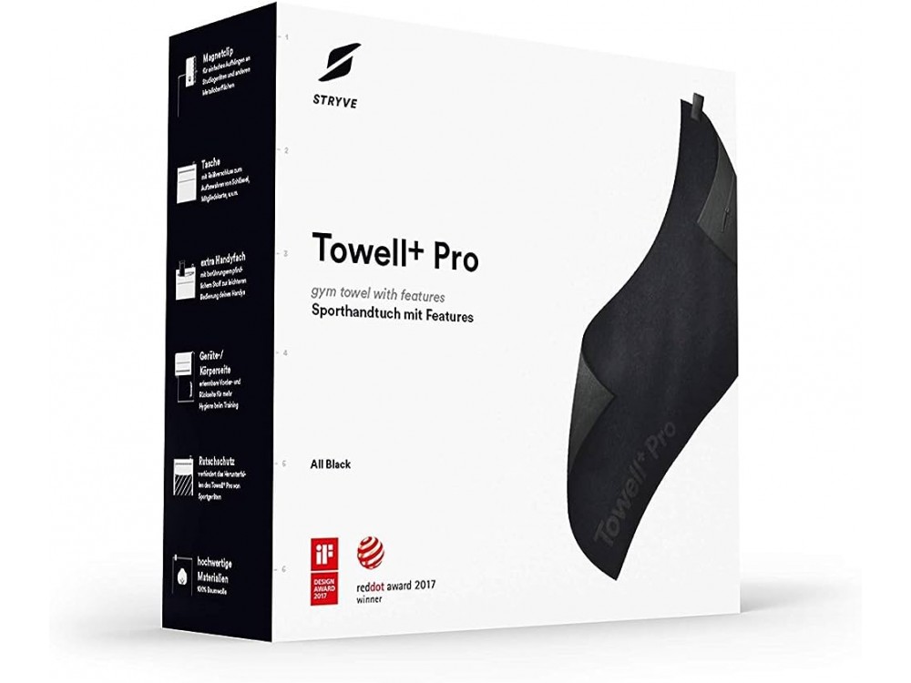 Stryve Towell+ Pro Sports Towel 105 x 42.5cm, Gym Towel with Magnetic Clip & Storage Pocket, All Black
