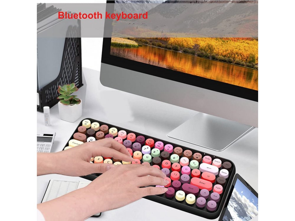 Ajazz 308i Ultra Compact Slim Profile Bluetooth Keyboard Multi-Device, Retro with Round Keys, Pastel