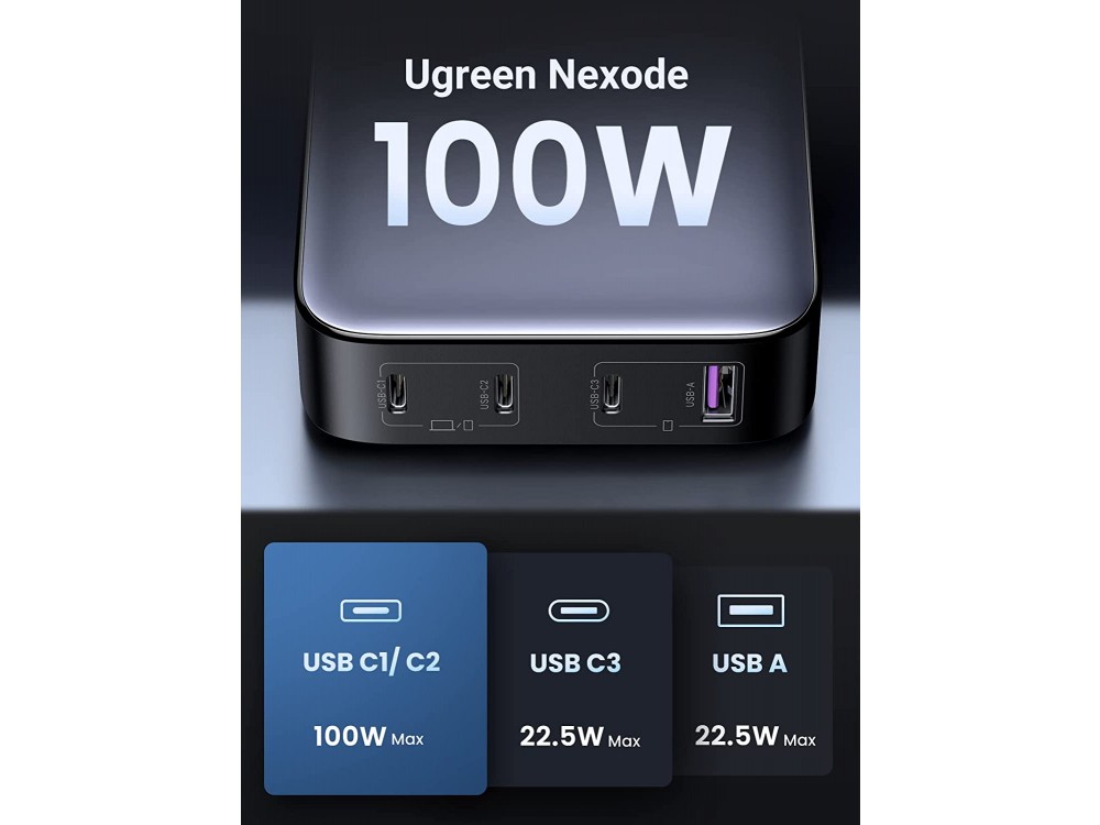 Ugreen Nexode 100W 4-Port Desktop PD Fast Charger with GaN and Power Delivery, PPS, QC4+, FCP, Black