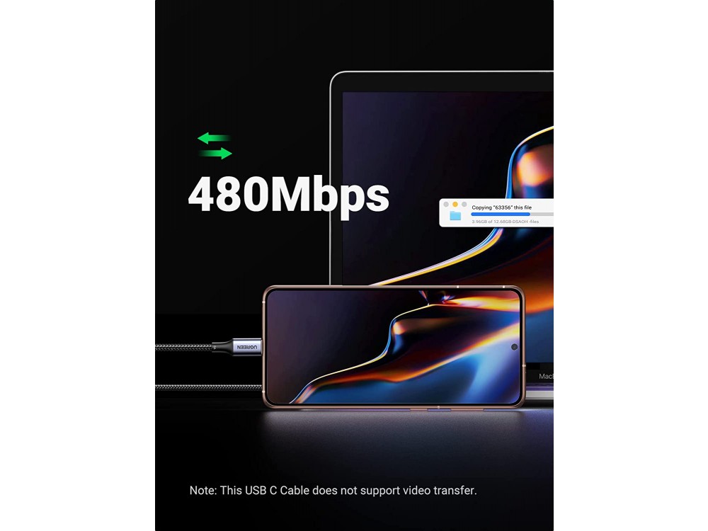 Ugreen USB-C σε USB-C Καλώδιο 3μ. με Νάυλον ύφανση και Επαφές Αλουμινίου Υποστήριξη PD3.0/QC4.0/FCP & 5A / 100W, Μαύρο