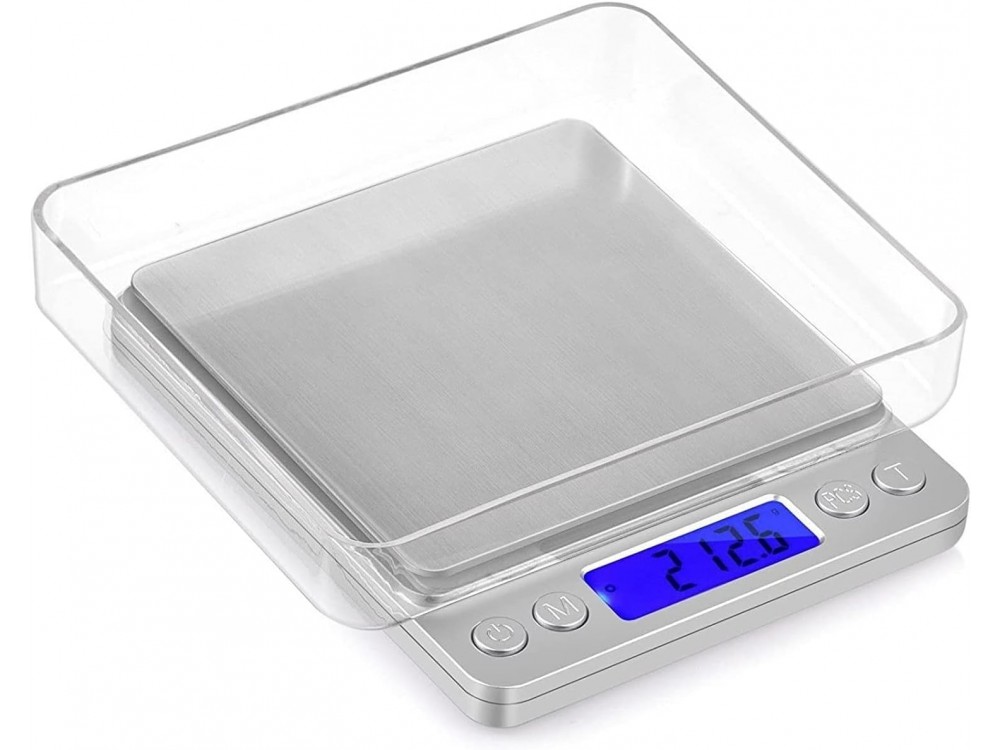 AJ Inox Food Scale, Ψηφιακή Ζυγαριά Κουζίνας 2kg Ακριβείας 0,1gr, LCD Οθόνη & 2 Αποσπώμενα Μπολ, Silver