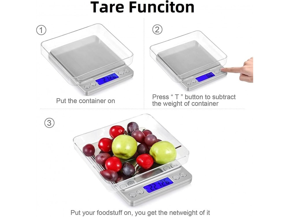 AJ Inox Food Scale, Ψηφιακή Ζυγαριά Κουζίνας 2kg Ακριβείας 0,1gr, LCD Οθόνη & 2 Αποσπώμενα Μπολ, Silver