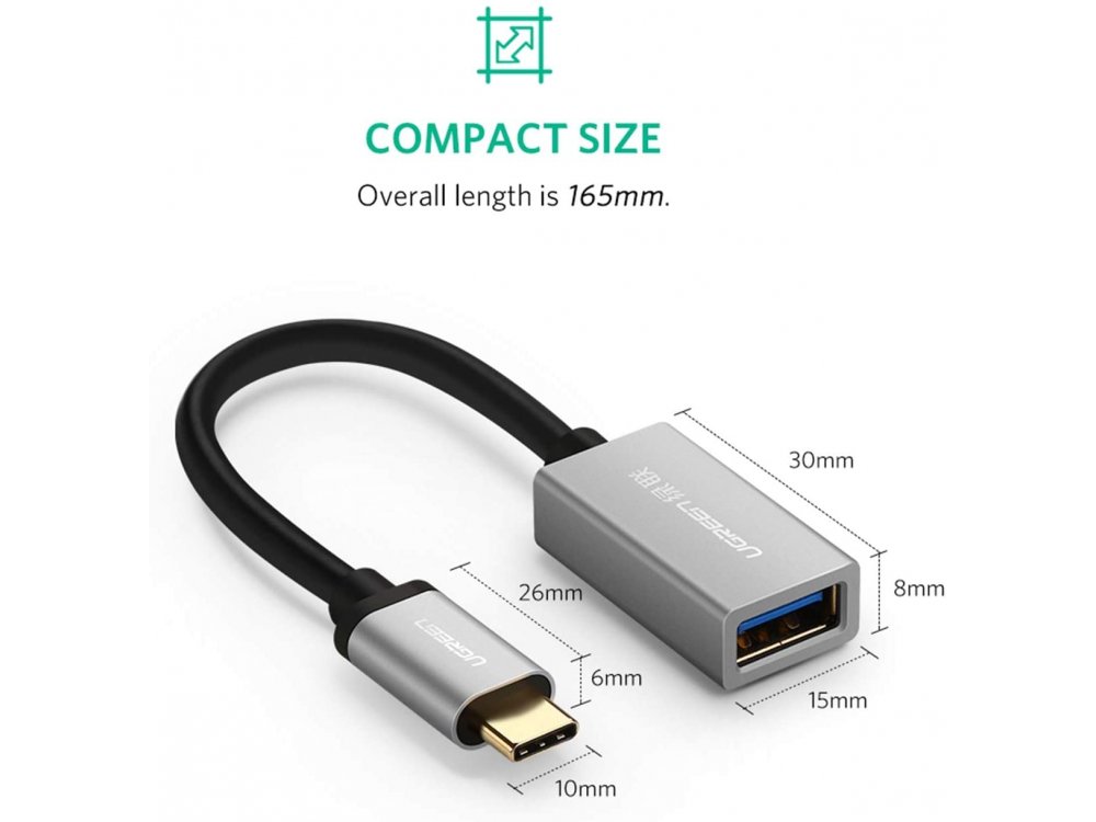 Ugreen Αντάπτορας USB-C σε USB-A 3.0 με 15cm Καλώδιο OTG Adapter Type-C Male to USB-A Female - 30646, Ασημί
