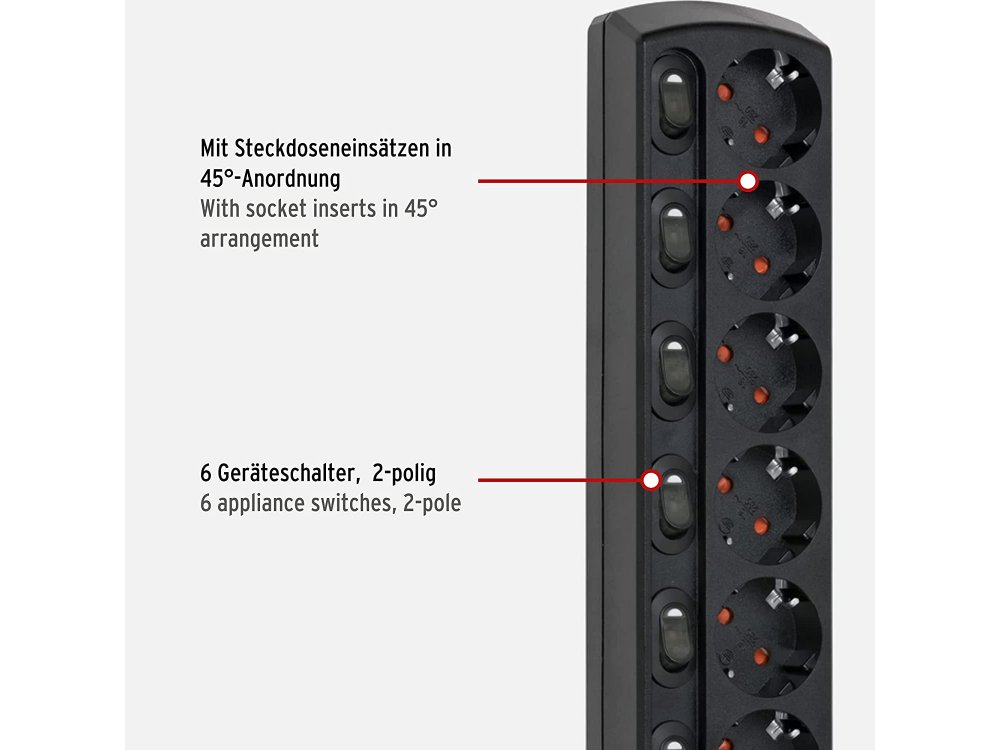 Brennenstuhl 6-outlet Extension socket, Πολύπριζο με Ανεξάρτητους διακόπτες & 2M Καλώδιο, Μαύρο