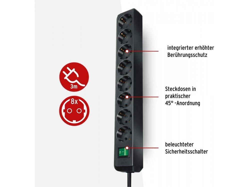 Brennenstuhl Eco 8-outlet Extension socket, Πολύπριζο με Διακόπτη & 3M Καλώδιο, Μαύρο