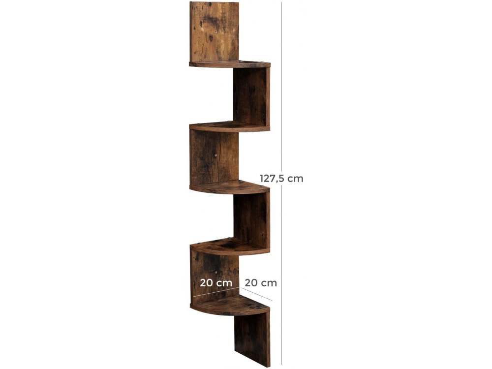 VASAGLE LBC20BX Corner Shelf / Wall Bookcase, 5 Shelves, Floating with Zigzag Design 127x20x20cm in Rustic Style, Brown