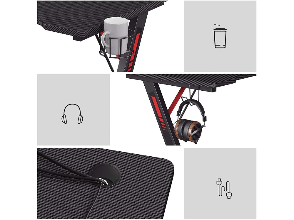Songmics Gaming Desk με Z-Shaped Steel FrameMonitor Stand, Headphone Hook & Cup Holder 116 x 60 x 75cm, Black/Red