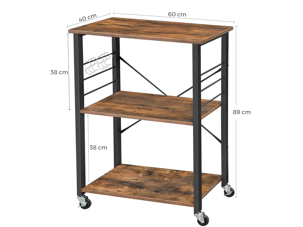 VASAGLE Kitchen Shelf on Wheels, 3-Seater Wooden Kitchen Trolley with Shelves & Brown Surfaces in Rustic Style - KKS60XV1, Black