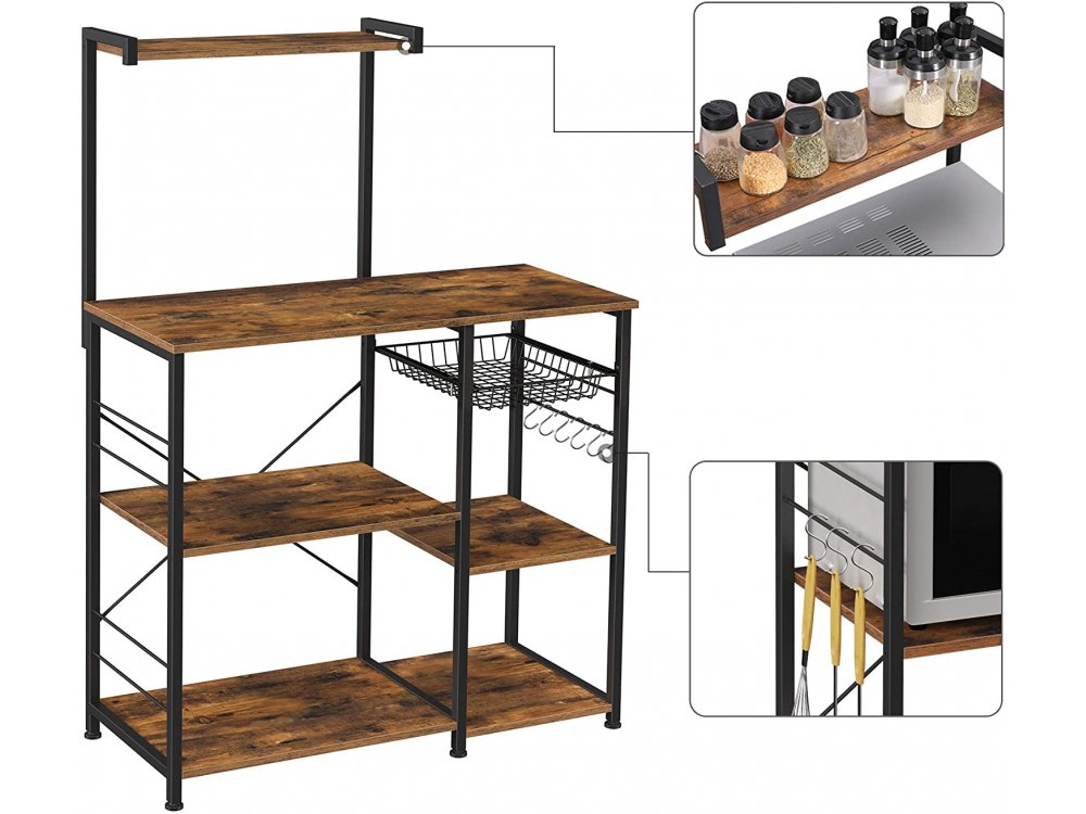 VASAGLE Baker’s Rack, 4 Seater Wooden Chest of Drawers with Shelves & Brown Surfaces in Rustic Style - KKS35X, Black