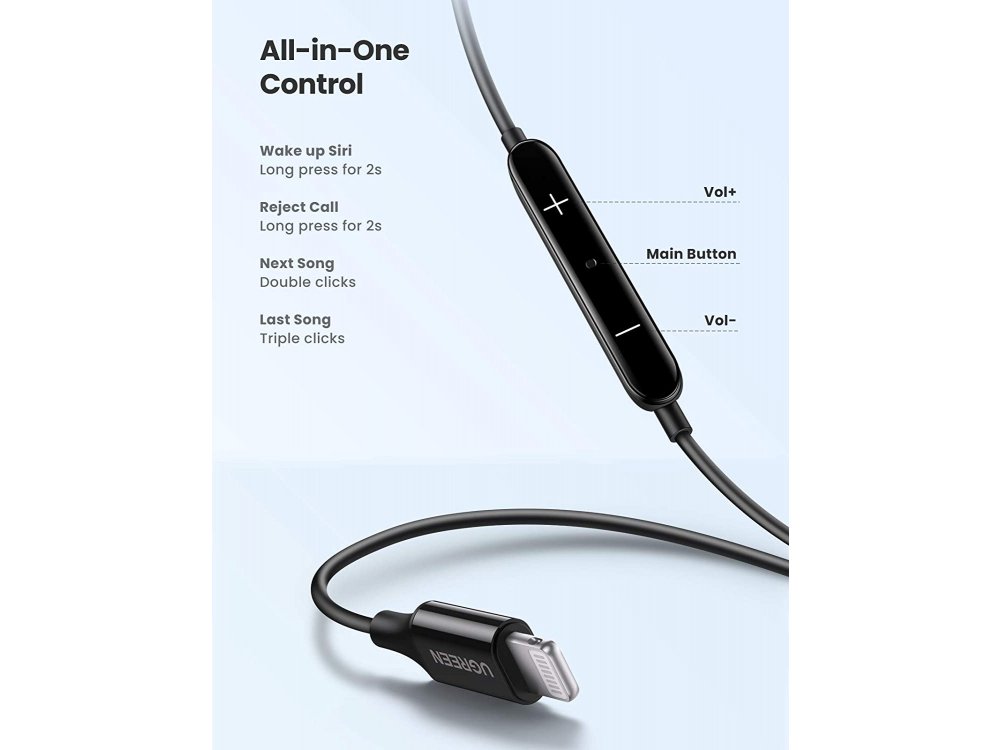 Ugreen EarPods with Lightning connector, In-ear Wired Earpods for Apple iPhone / iPad / iPod MFi - 80655