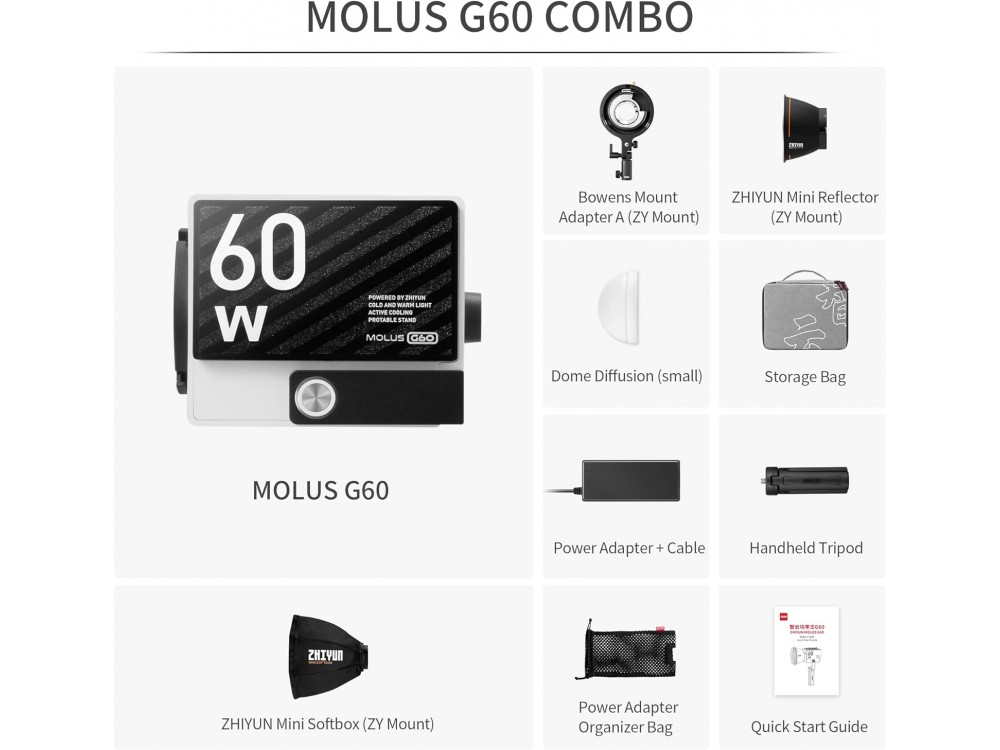 Zhiyun MOLUS G60 Bi-Color Pocket COB LED Monolight Combo 60W με Θερμοκρασία Χρώματος 2700-6500K