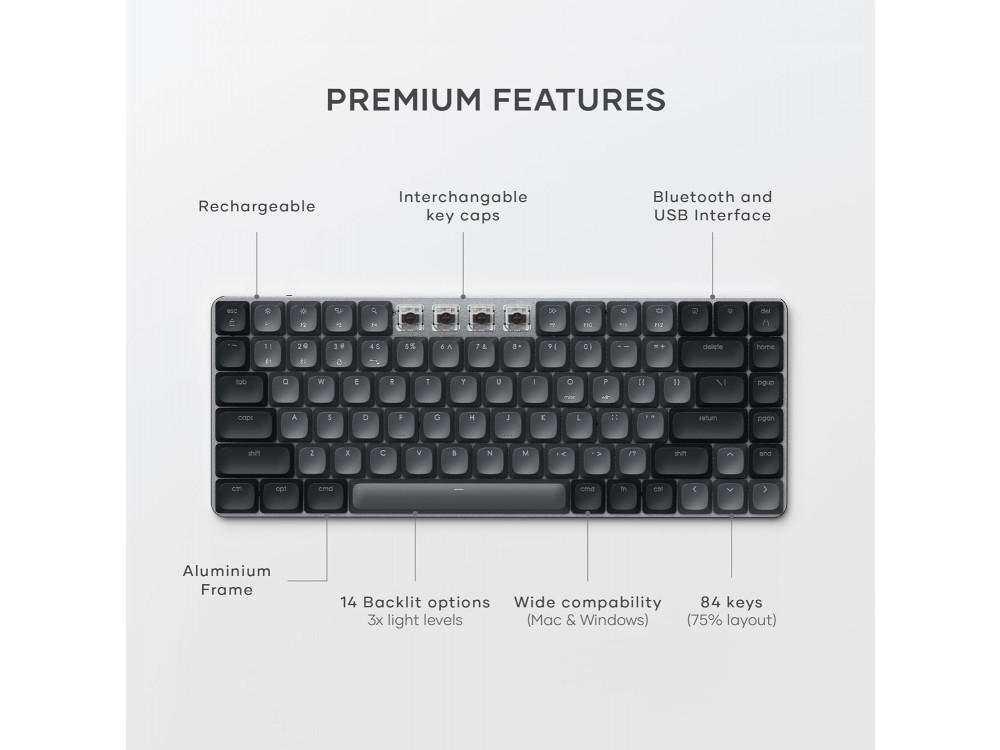 Satechi SM1 Slim 75% Mechanical Keyboard LED Backlit, Wireless Mechanical Keyboard 84 Keys with Bluetooth Connection, Dark Gray